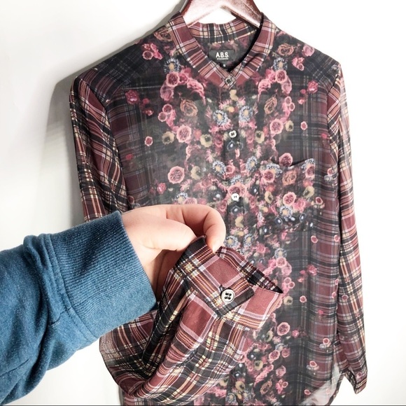 ABS Allen Schwartz Floral Plaid Sheer Blouse M - Picture 15 of 16